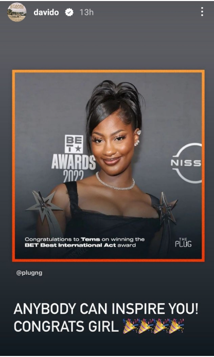 BET Awards: "Anyone Can Inspire You," Davido Responds After Tems Praises Fellow Female Stars For Inspiring Her