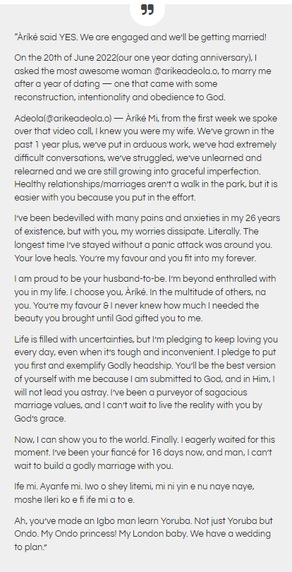 Solomon Buchi Teases Love Journey One Year After Engaging Lover Arike Adeola