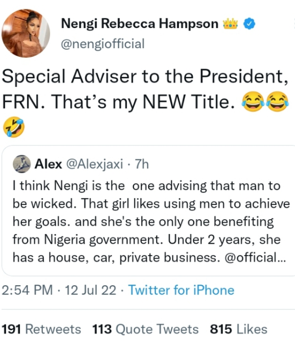 Trolls on Twitter have given Nengi the new title of "Special Adviser to Buhari."