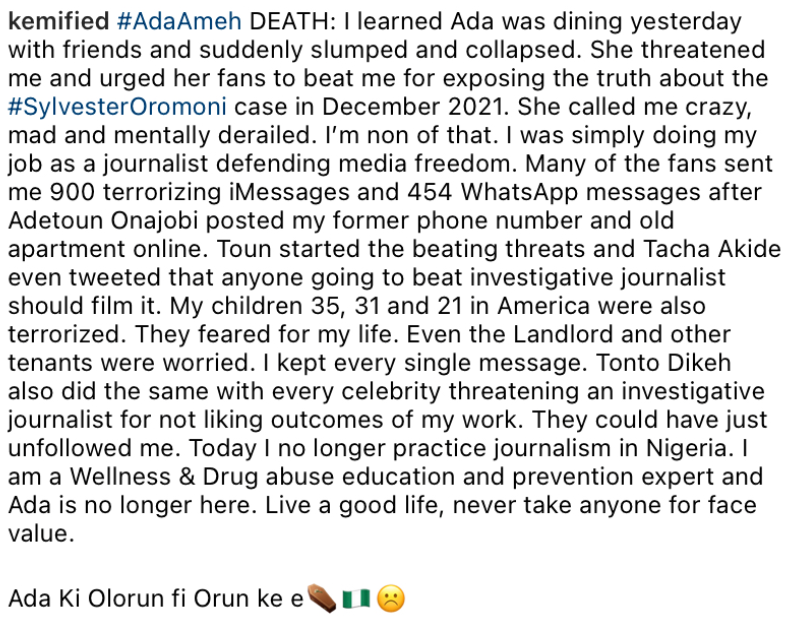 Kemi Olunloyo receives harsh criticism after revisiting her dispute with late actress Ada Ameh in "You Don't Know When To Stop."