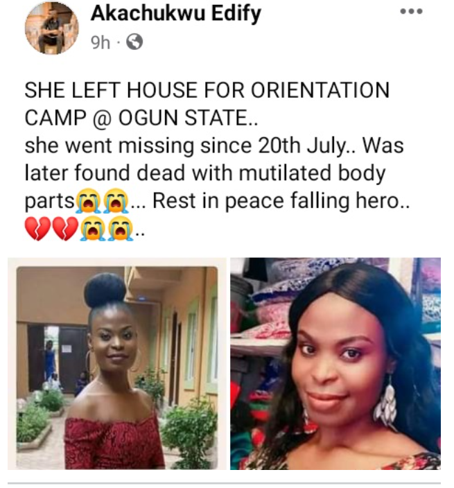 Days after she was allegedly abducted on her way to the Ogun Orientation Camp, NYSC member was discovered dead with missing body parts (Photo)