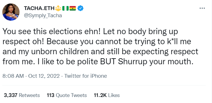 2023: Tacha issues a stern warning to Nigerians: "Don't bring up respect in this election."