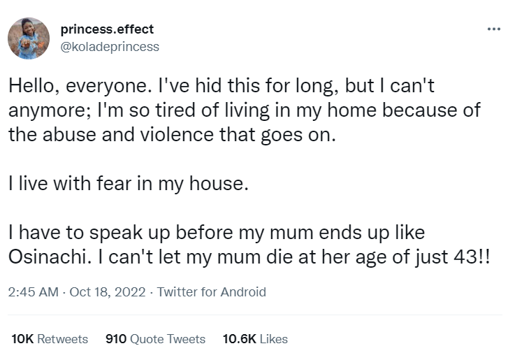 ‘I must speak up to stop my mother from becoming like Osinachi’, Lady  who cries out for assistance for her mother who has been the victim of domestic abuse.	