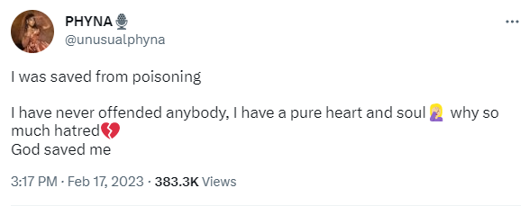 Phyna talks about how God saved her after an alleged poisoning attempt.