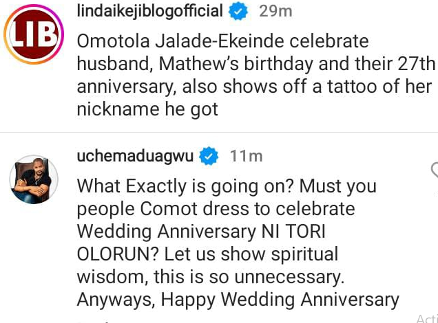 Nollywood actress Omotola Jalade Critized for Sharing Photos with her Husband in Bed on their Wedding Anniversary.