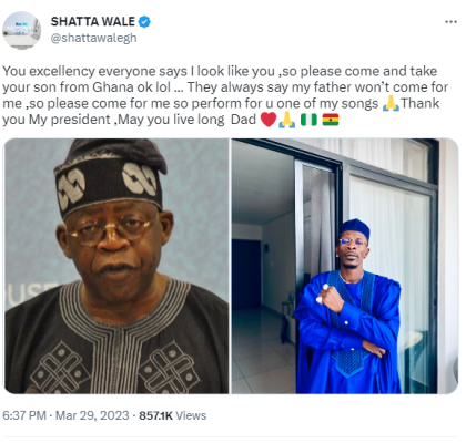 Shatta Wale pleads with Tinubu "People says I look like you, would you kindly adopt me"