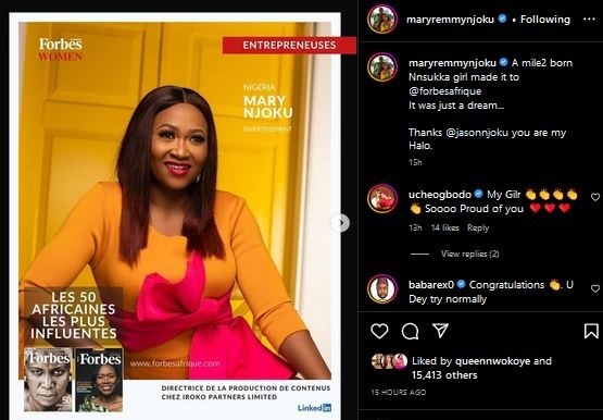 Mary Njoku responds after being included to the 2023 Forbes Women List: "It Was Just A Dream."