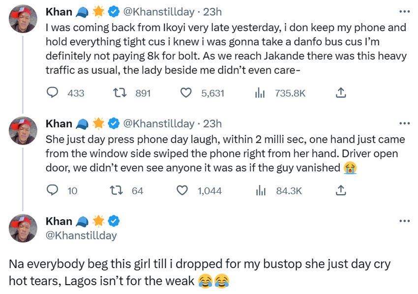 Twitter User Describes How A Lagos Traffic Robber Stole A Woman's Phone While She Was On The Move