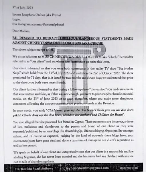 ChiChi of BBNaija sues Phyna for N100 million for character defamation.