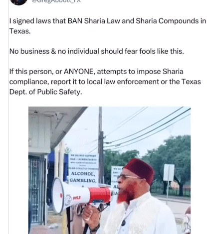 Ted Abbott, The governor of Texas, Forbids Sharia law because an imam requests that stores desist from selling alcohol and pork (video).