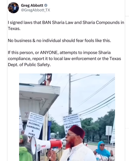 Ted Abbott, The governor of Texas, Forbids Sharia law because an imam requests that stores desist from selling alcohol and pork (video).