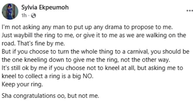 Nigerian woman reacts to picture of a woman kneeling to accept a man's proposal by saying, "I Can't Kneel, Keep Your Ring."