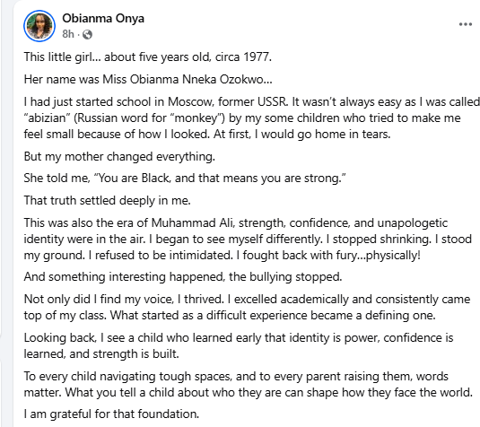 Nigerian doctor recalls racism she encountered as a child in Russia, saying, "I was called a monkey by some children."