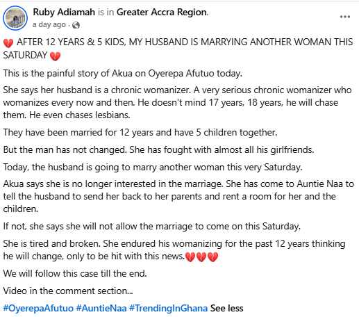 After 12 years of marriage, Ghanaian mother of five is angered as her husband gets ready to wed another woman.