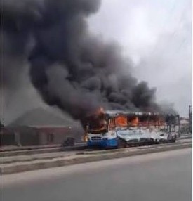 Furious mob in Ikorodu sets fire to a BRT bus after a motorcyclist dies.